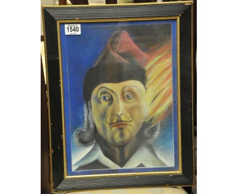 A late 1970's pastel portrait painting of Salvador Dali capturing a typically quirky image of the artist wearing a red and bl