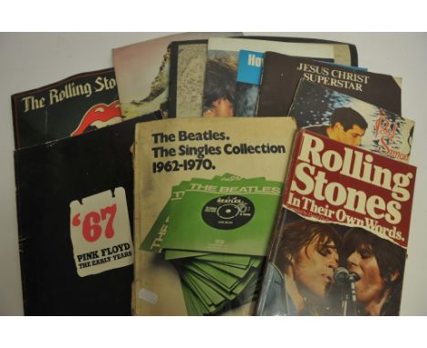 A Rolling Stones 1976 European tour programme with other music score books including Pink Floyd and The Beatles