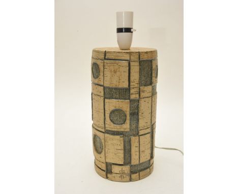 A modern design studio pottery lamp base decorated with repeated textured circle and square pattern, incised mark to base