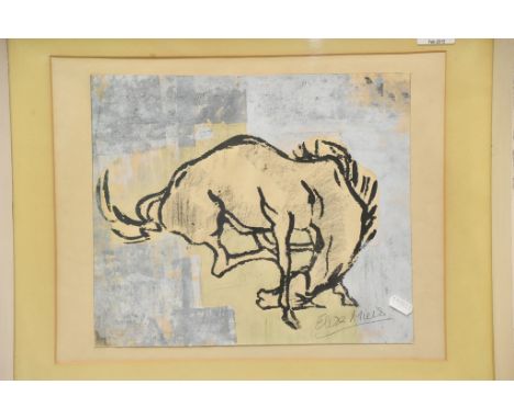 A framed Spanish mixed media picture of an abstract style bull, signed Elize Miels. Approximately 46x55 cm