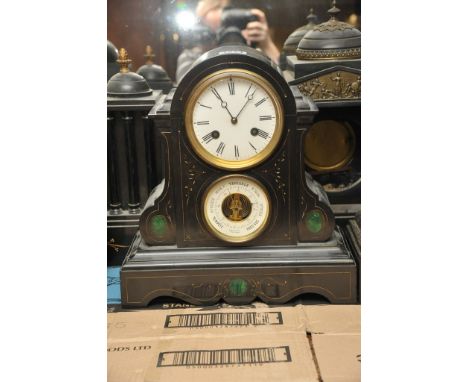 A Victorian black slate mantel clock barometer inset with lapis lasuli with a white enamel dial 