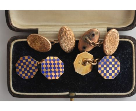 A pair of 9ct gold and enamel gents cuff links and one other pair of 9ct gold cuff links in a fitted box