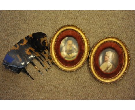A pair of painted portrait miniatures of a scholar and a girl plus a tortoiseshell hair comb, a/f
