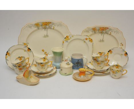 A small group of Art Deco ceramics including a part teaset, Gray's Pottery dish, Shelley candlestick and other items