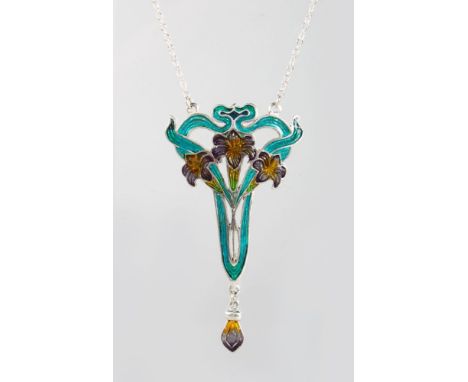 AN ART NOUVEAU SILVER AND ENAMEL PENDANT AND CHAIN.