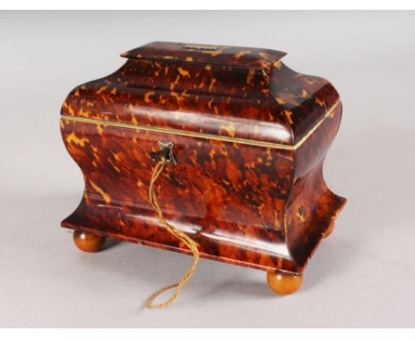 A VERY GOOD REGENCY TORTOISESHELL TWO DIVISION TEA CADDY, with mother-of-pearl handles, on satinwood bun feet. 7ins long x 6i
