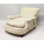 A LATE VICTORIAN MAHOGANY ARMCHAIR by HOWARD & SONS, CIRCA. 1890'S, the sides and back cushions