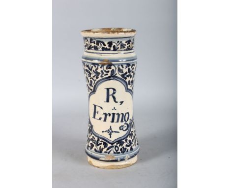 A 17TH CENTURY TIN GLAZE DRUG JAR, "R. Erino". 11ins high.