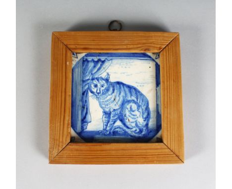 AN 18TH CENTURY BLUE AND WHITE SQUARE TILE, portrait of a cat. 5ins square (AF).