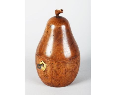 A WOODEN PEAR TEA CADDY. 7ins high.