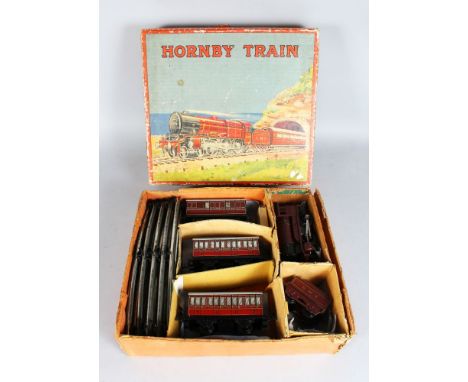 HORNBY O GAUGE No. 1 SPECIAL PASSENGER SET containing locomotive, tender and three passenger cars in red livery together with