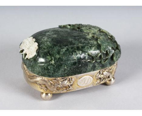 A GOOD EARLY 20TH CENTURY CHINESE SILVER & JADE OVAL BOX BY LUENWO OF SHANGHAI, the fruit form jade cover carved in relief wi