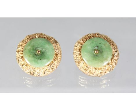 A GOOD PAIR OF 18CT GOLD AND JADE EAR CLIPS.