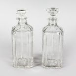 A GOOD PAIR OF SQUARE CUT DECANTER`S AND STOPPERS.