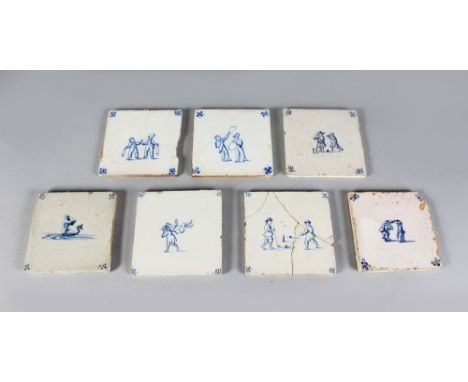 A SET OF SEVEN 19TH CENTURY BLUE AND WHITE TILES with figures playing games etc. 5ins square.