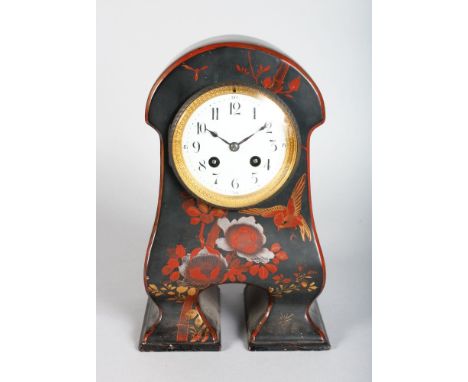 AN EDWARDIAN LACQUERED MANTLE CLOCK, painted with flowers and birds. 12ins high.