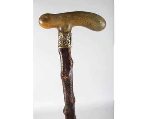 A POSSIBLY RHINO HORN HANDLE WALKING STICK with brass band.