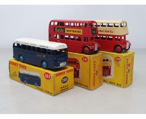 Three boxed Dinky Toys including No.290 red and cream Dunlop Bus, M, box VG; a No.283 B.O.A.C. Coach, Nr M, box VG; and a No.