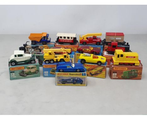 Thirteen boxed Matchbox '75' and Superfast Models including No.5 Lotus Europa, No.25 Container Lorry, No.50 Harley Davidson, 