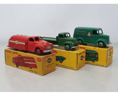 Three boxed Dinky Toys including No.452 Chivers Van, Nr M, box G; No.442 'Esso' Tanker, Nr M, box G; and 422 green Fordson Fl