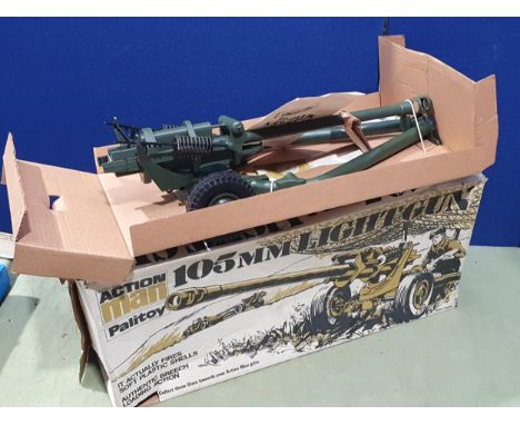 A boxed Palitoy Action Man 105mm Light Gun, strung into cart insert with sealable pack of shells, box G