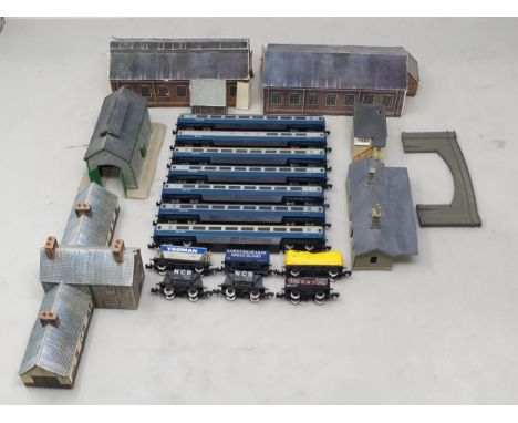 Seven unboxed Graham Farish N gauge Intercity Coaches, six Wagons and a quantity of Buildings