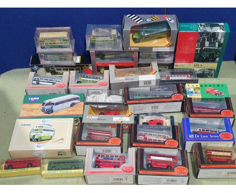 A box of Corgi, Exclusive First Edition, Vanguards and Solido diecast Models of Buses and Coaches