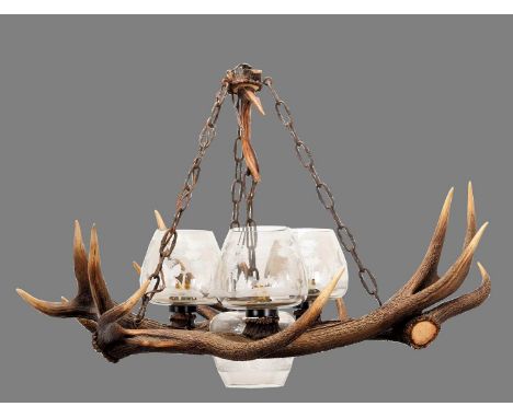 Antler Furniture: A Red Deer Antler Mounted Chandelier, circa late 20th century, an antler mounted four-light chandelier, for