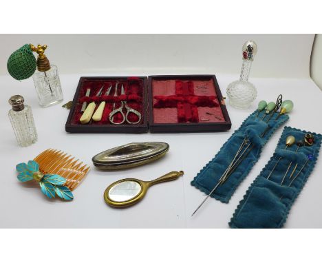 Hat pins, scent bottles including silver topped, a manicure set, etc.