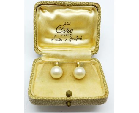 A pair of 9ct gold mounted Ciro pearl earrings, in original box