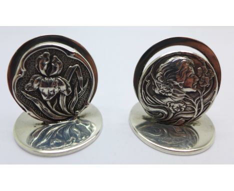 Two silver Art Nouveau menu holders, Birmingham 1906, 39g