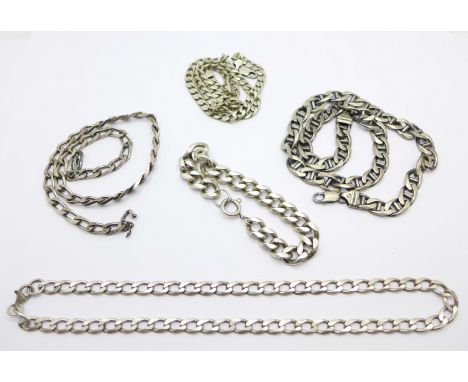 Four silver chains and a bracelet, 211g