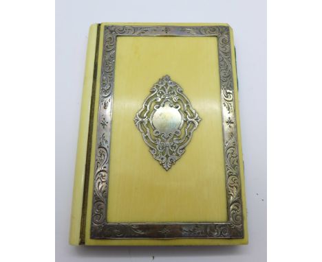 A silver mounted ivory card case, some a/f