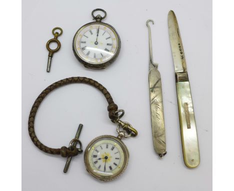 Two silver fob watches, a Victorian silver fruit knife by George Unite and a button hook