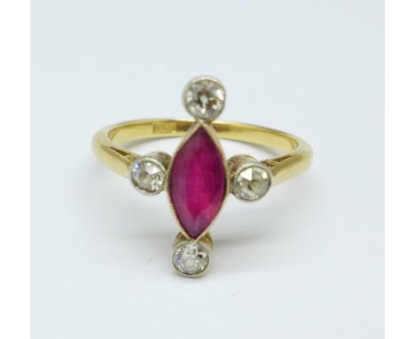 An 18ct gold, diamond and ruby ring, 3.1g, M