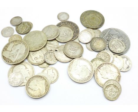 A collection of silver coins, mainly Victorian including an 1892 crown, 205g