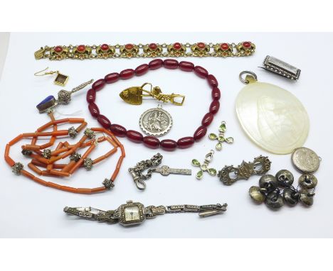 A collection of silver and other jewellery, a South Africa miner's brooch, a silver wristwatch and sherry amber coloured bead