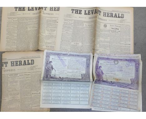 Newspapers; The Levant Herald and Eastern Express printed in Constantinople 1907 (10) with a quantity of Ottoman Turkey share