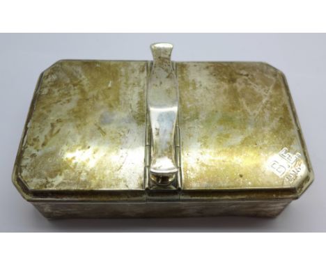 A silver cigarette box with handle, with inscription dated 1916, total weight 296g