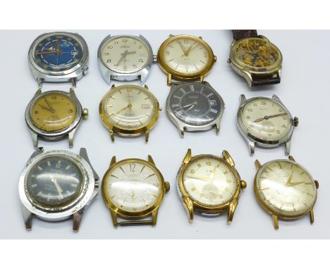 A collection of wristwatch heads including Timex, Belmonte and Secura, a/f