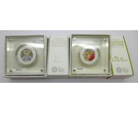 Two The Royal Mint Beatrix Potter silver proof coins in plastic cases, Tom Kitten and Mr. Jeremy Fisher, with boxes and certi