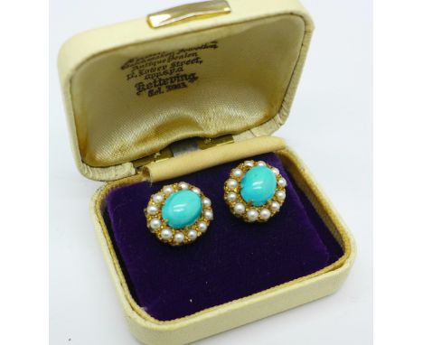 A pair of 9ct gold, pearl and turquoise earrings, 5.5g