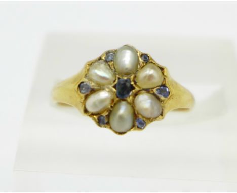 A Victorian 18ct gold, sapphire and pearl ring, Birmingham 1867, 2.9g, O