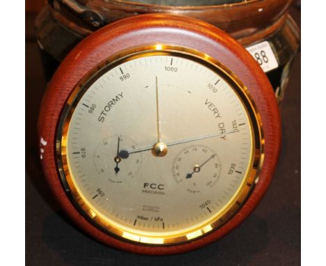 FCC precision mahogany mounted aneroid barometer with thermometer and hygrometer