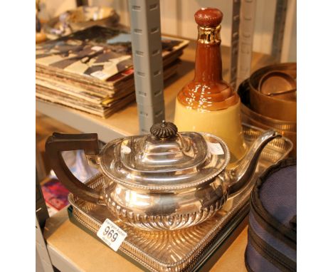 Galleried silver plazzo tray and teapot, Bells whisky flask and table mats