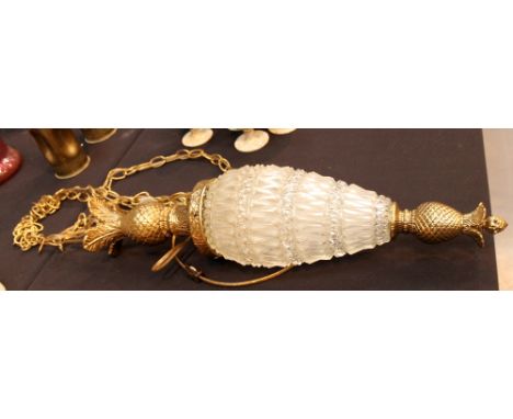 Large brass pineapple design frosted glass hanging lamp shade. L: 90 cm
