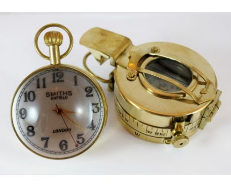 Brass compass TB & Co and a brass Smiths desk clock