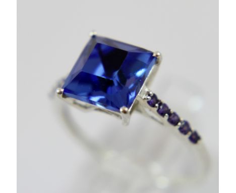 Silver Swarovski blue stone ring, size M