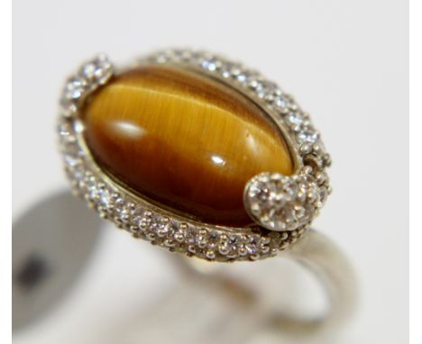 Sterling silver fancy tigers eye and CZ ring, Size P