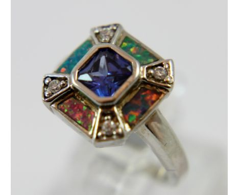 Sterling silver multicoloured square head ring, Size M
